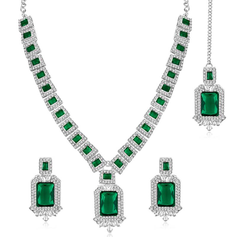Silver plated green crystal & cubic zirconia studded necklace