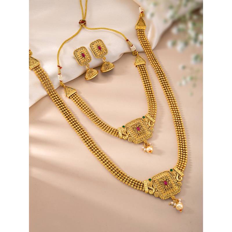 Women's synthetic stone & pearl studded maharani haar necklace set