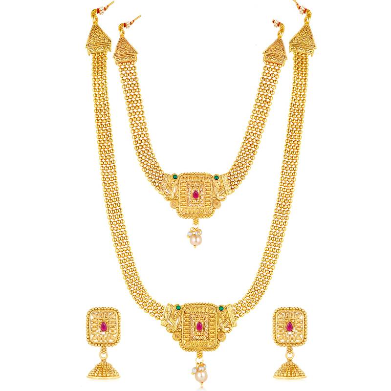 Women's synthetic stone & pearl studded maharani haar necklace set