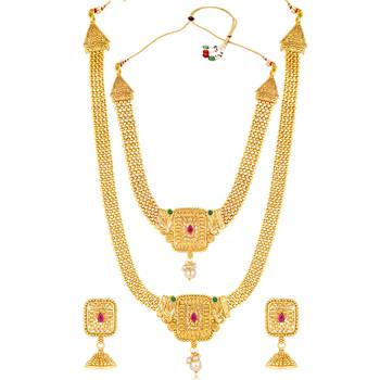 Women's synthetic stone & pearl studded maharani haar necklace set 5