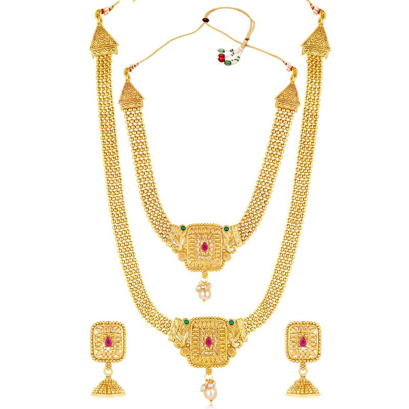 Women's synthetic stone & pearl studded maharani haar necklace set