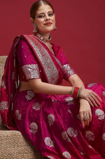Pink ethnic motifs woven design zari saree with unstitched blouse