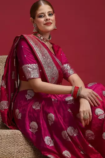 Pink ethnic motifs woven design zari saree with unstitched blouse