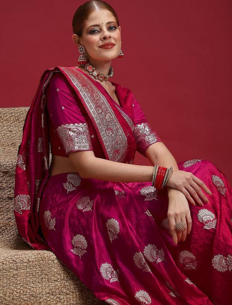 Pink ethnic motifs woven design zari saree with unstitched blouse