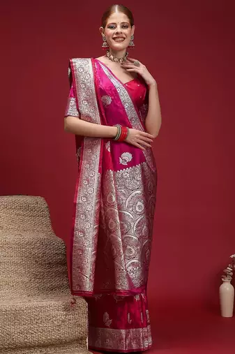Pink ethnic motifs woven design zari saree with unstitched blouse