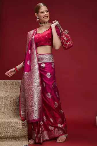 Pink ethnic motifs woven design zari saree with unstitched blouse