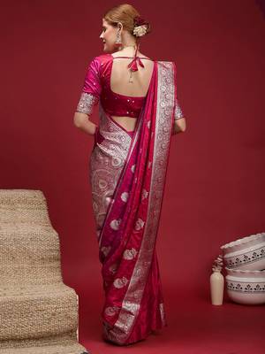 Pink ethnic motifs woven design zari saree with unstitched blouse 4