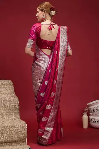 Pink ethnic motifs woven design zari saree with unstitched blouse