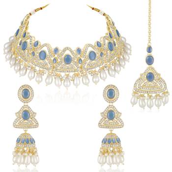 Blue cz crystals & beads studded necklace earrings & maangtikka set 1