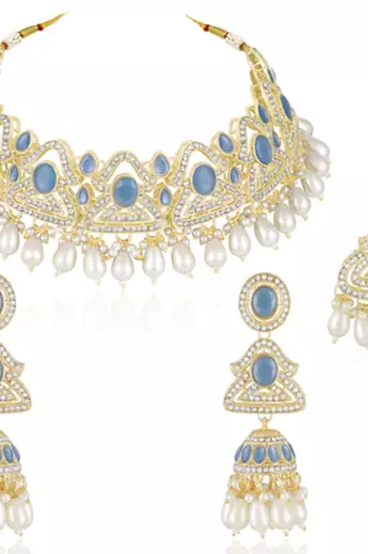Blue cz crystals & beads studded necklace earrings & maangtikka set