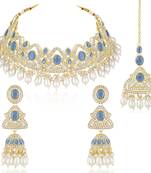 Blue cz crystals & beads studded necklace earrings & maangtikka set