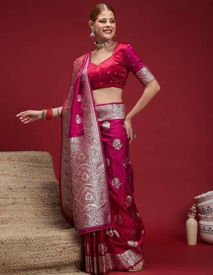 Pink ethnic motifs woven design zari saree with unstitched blouse 5