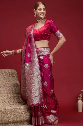 Pink ethnic motifs woven design zari saree with unstitched blouse