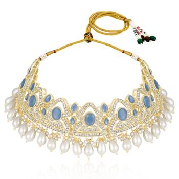 Blue cz crystals & beads studded necklace earrings & maangtikka set 2