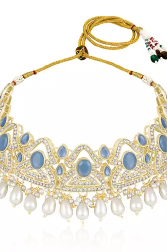 Blue cz crystals & beads studded necklace earrings & maangtikka set