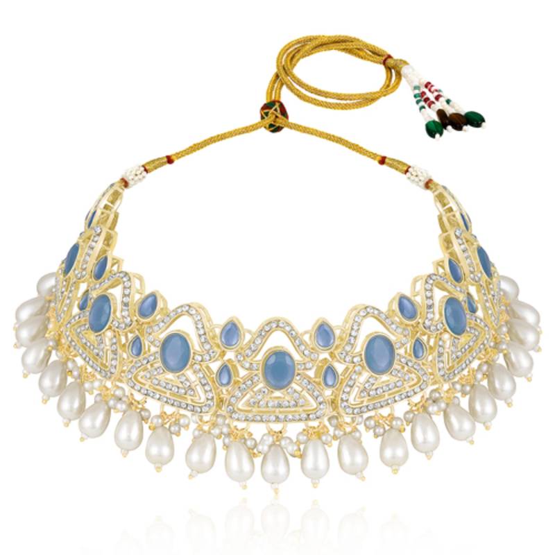 Blue cz crystals & beads studded necklace earrings & maangtikka set