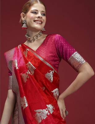 Red ethnic motifs woven design zari saree with unstitched blouse 1