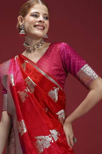 Red ethnic motifs woven design zari saree with unstitched blouse