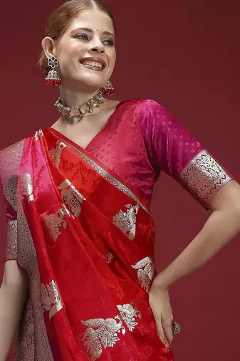 Red ethnic motifs woven design zari saree with unstitched blouse