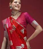 Red ethnic motifs woven design zari saree with unstitched blouse