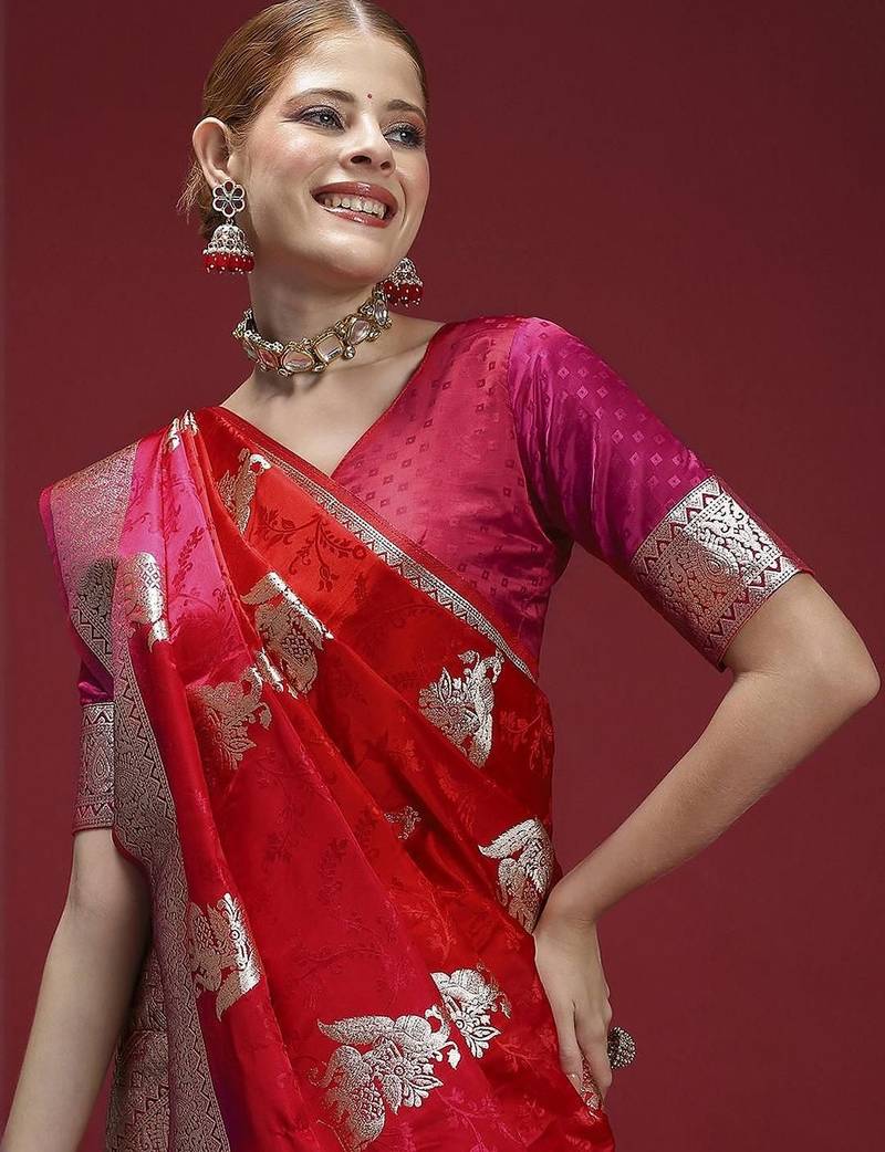 Red ethnic motifs woven design zari saree with unstitched blouse