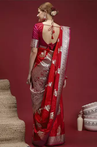 Red ethnic motifs woven design zari saree with unstitched blouse