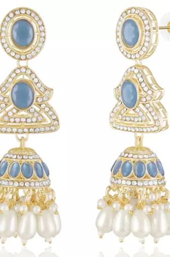 Blue cz crystals & beads studded necklace earrings & maangtikka set