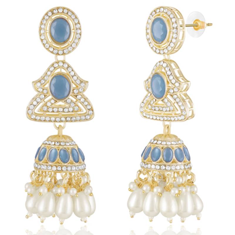 Blue cz crystals & beads studded necklace earrings & maangtikka set