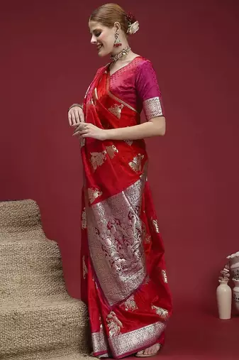 Red ethnic motifs woven design zari saree with unstitched blouse