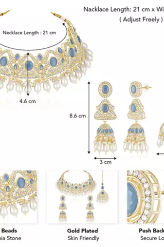 Blue cz crystals & beads studded necklace earrings & maangtikka set