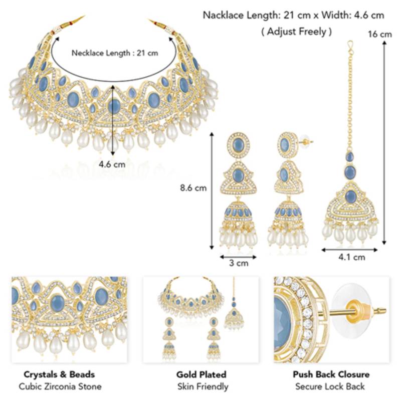 Blue cz crystals & beads studded necklace earrings & maangtikka set