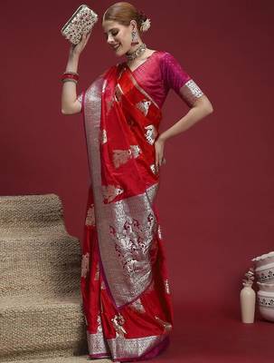 Red ethnic motifs woven design zari saree with unstitched blouse 4