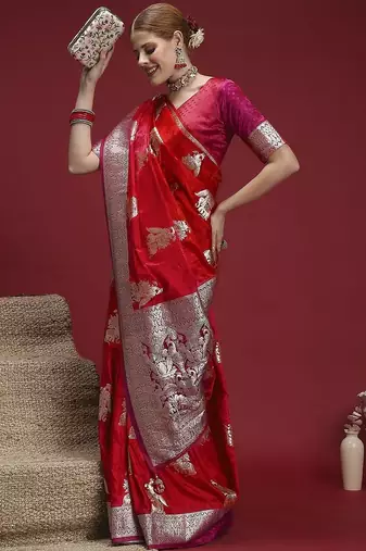 Red ethnic motifs woven design zari saree with unstitched blouse