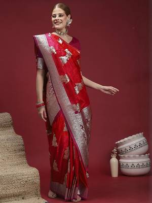 Red ethnic motifs woven design zari saree with unstitched blouse 5