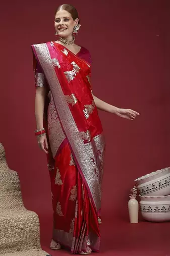 Red ethnic motifs woven design zari saree with unstitched blouse