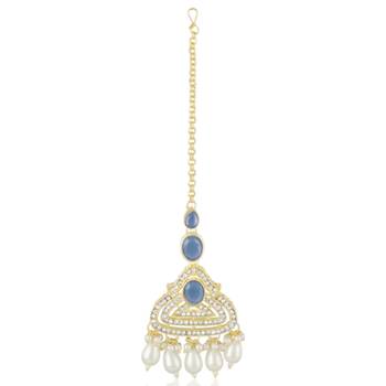 Blue cz crystals & beads studded necklace earrings & maangtikka set 5