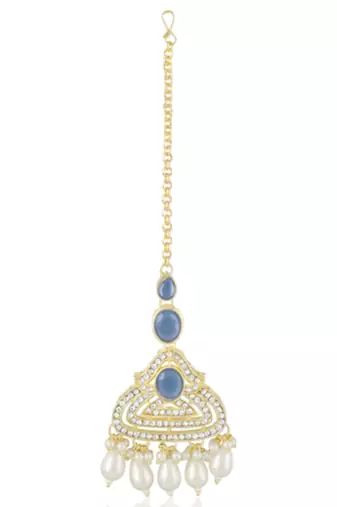 Blue cz crystals & beads studded necklace earrings & maangtikka set