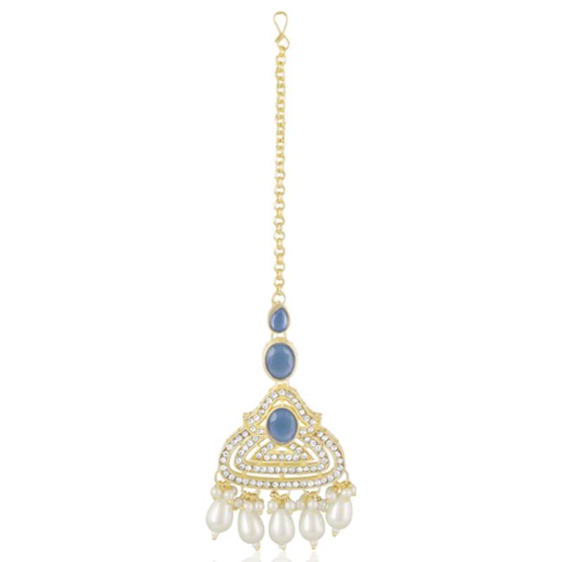 Blue cz crystals & beads studded necklace earrings & maangtikka set