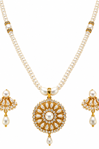 Certified Pearls Royal Floral Pendant Set with Gold Accents
