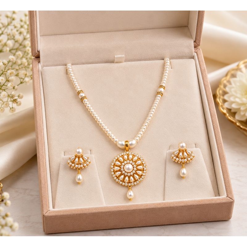 Certified Pearls Royal Floral Pendant Set with Gold Accents
