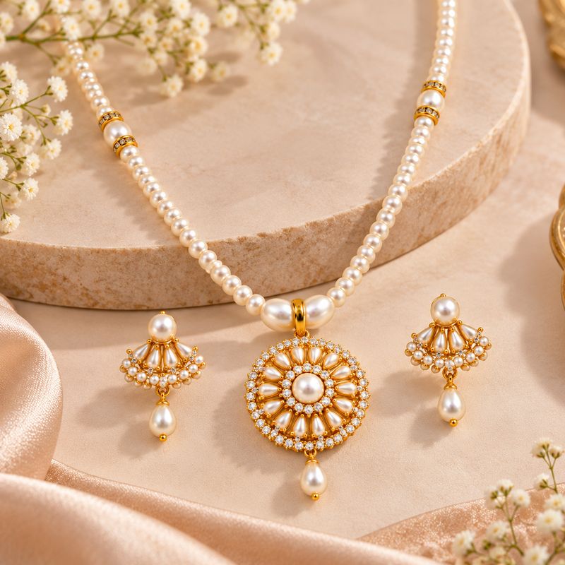 Certified Pearls Royal Floral Pendant Set with Gold Accents