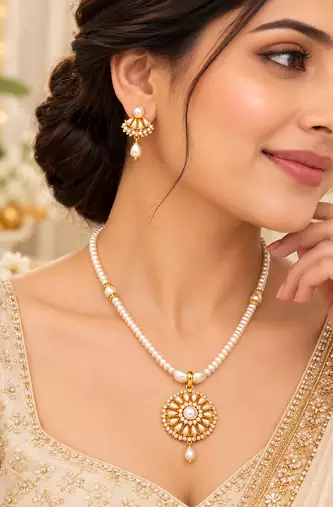 Certified Pearls Royal Floral Pendant Set with Gold Accents