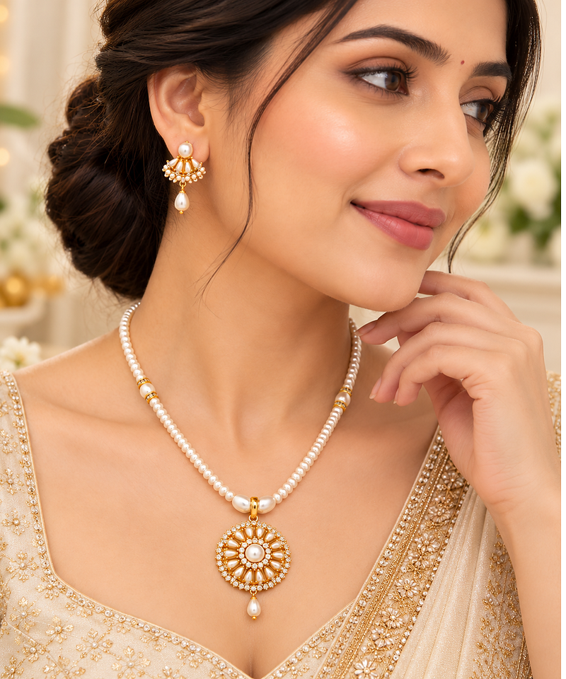 Certified Pearls Royal Floral Pendant Set with Gold Accents