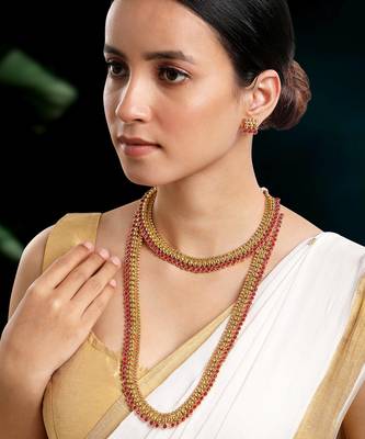 Gold plated rani pink choker long necklace and earrings set maharani 1