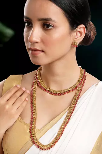 Gold plated rani pink choker long necklace and earrings set maharani