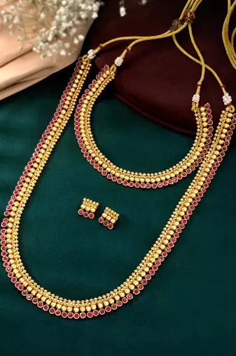 Gold plated rani pink choker long necklace and earrings set maharani