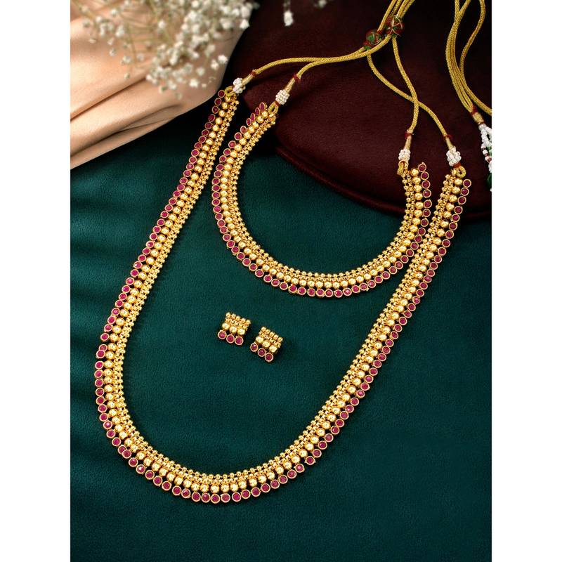 Gold plated rani pink choker long necklace and earrings set maharani