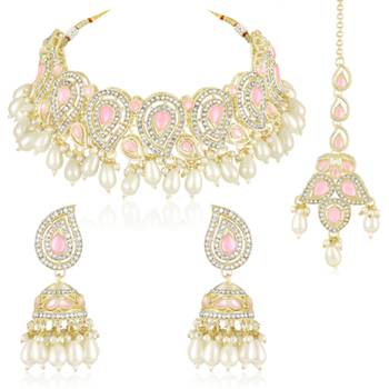 Pink cz crystals & beads studded necklace earrings & maangtikka set 1