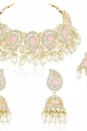Pink cz crystals & beads studded necklace earrings & maangtikka set