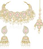 Pink cz crystals & beads studded necklace earrings & maangtikka set